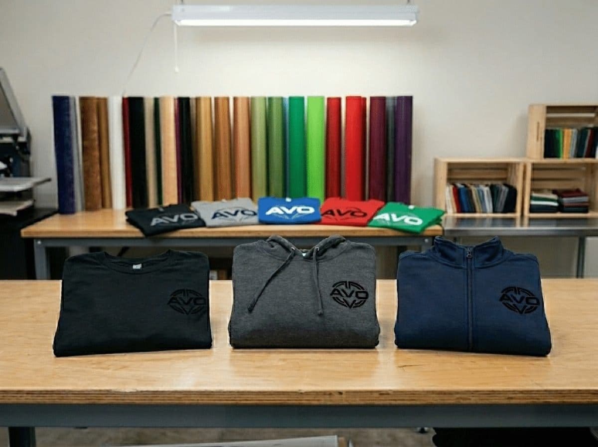 T-Shirt, Hoodie und Jacke mit Flock-Logo in verschiedenen Farben vor Folienrollen.