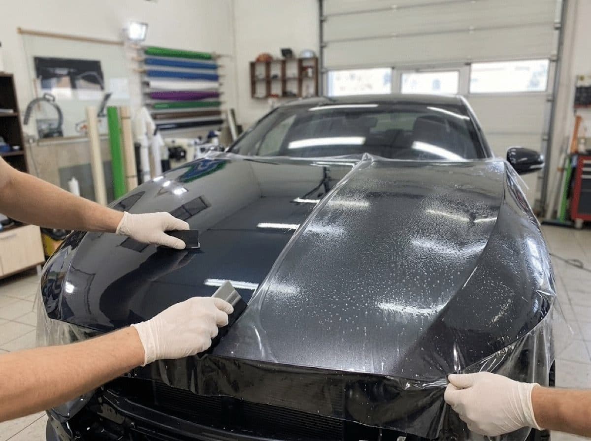 Drei Hände montieren Lackschutzfolie auf die Motorhaube mit Rakeln und Nasstechnik.