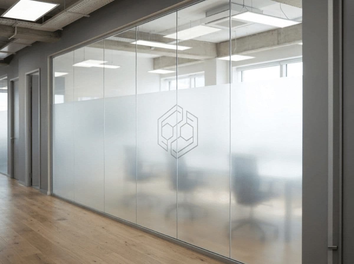 Milchglasfolie mit dezentem Logo auf Glastrennwand in einem modernen Büro.
