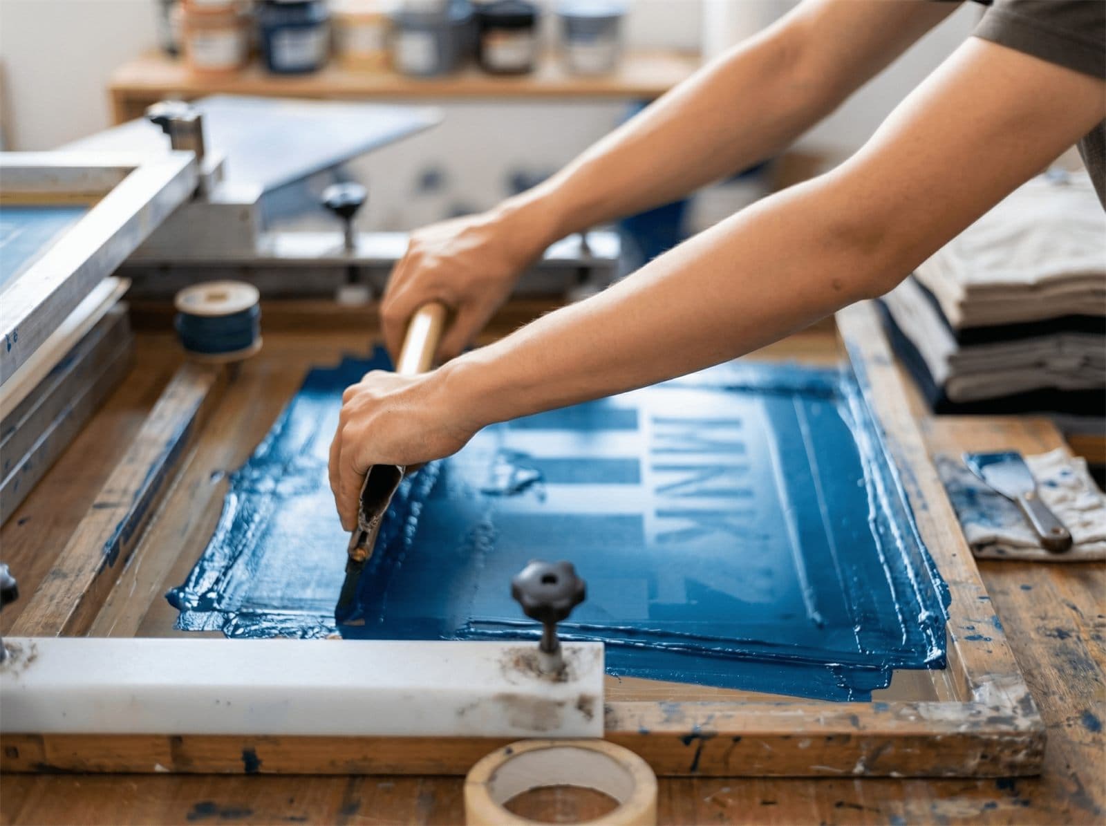 Siebdruck in der Werkstatt – Rakel wird über einen blauen Siebdruckrahmen gezogen, um Farbe durch die Schablone auf das Druckmaterial zu übertragen.