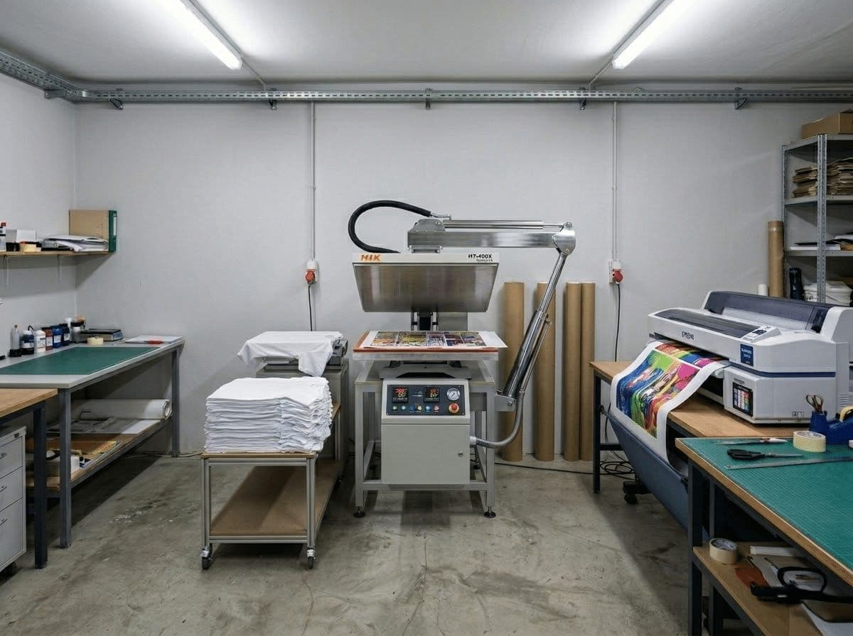 Werkstatt mit Transferpresse und Sublimationsdrucker für die Textilproduktion.